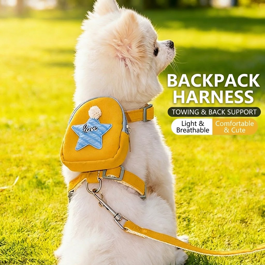 Brinyko Small Dog Backpack Harness Set - Cute Pet Walking Leash & Saddle Bag, Escape Proof Vest for Small Dogs and Cats, Comfortable Puppy Chest Lead for Daily Walks